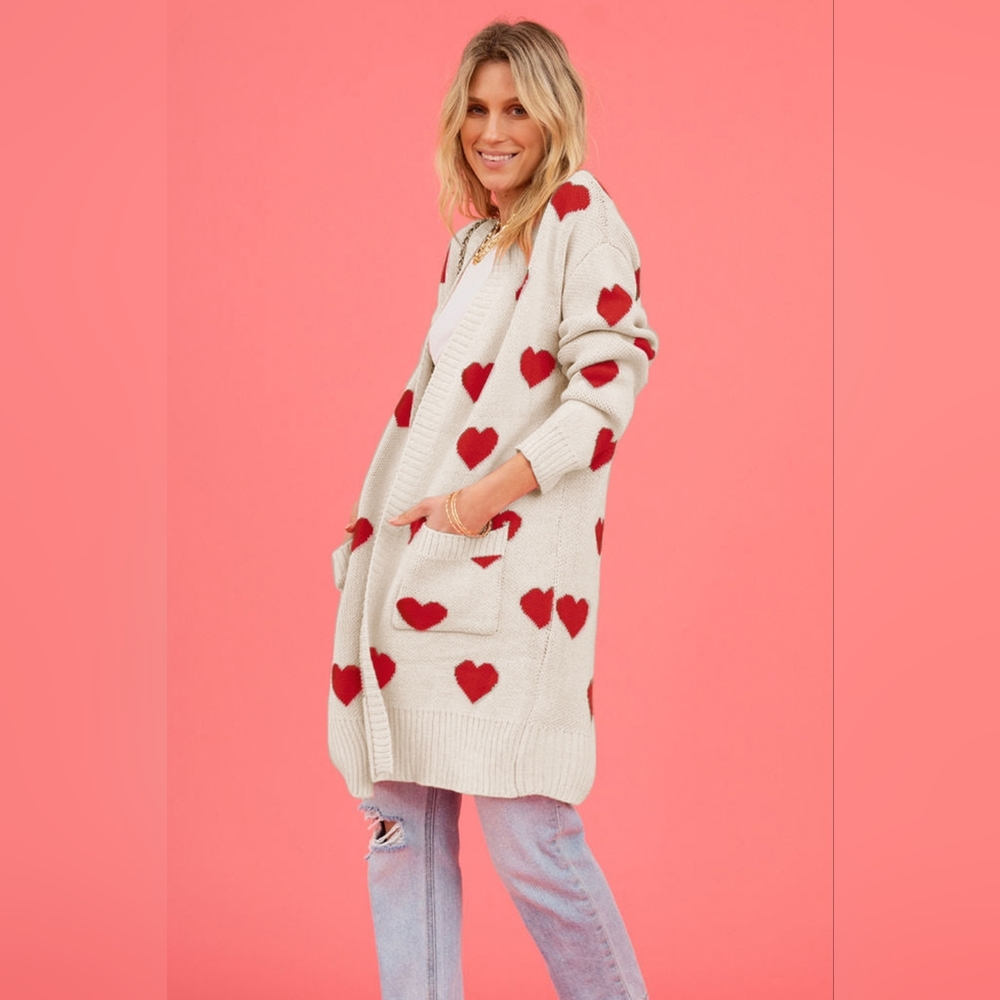 Contrasting Heart Knit Open Front Longline Pocket Sweater Cardigan Valentine - Picture 1 of 9